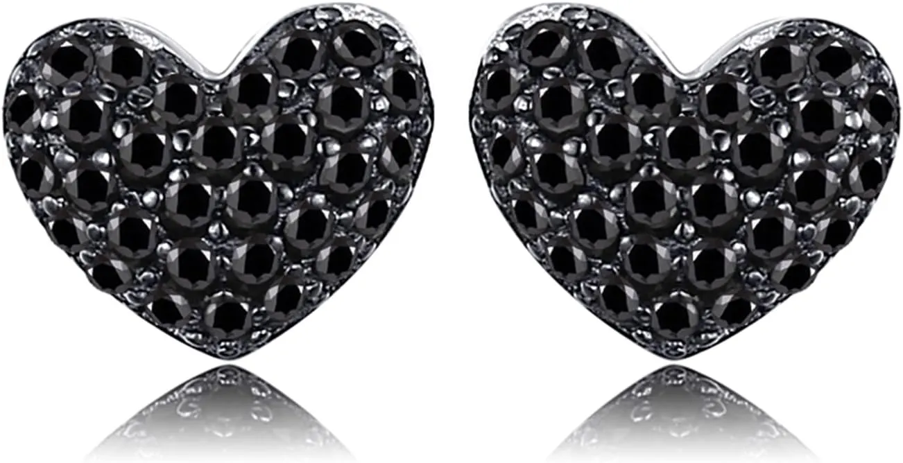 JewelryPalace Love Heart Genuine Black Spinel Stud Earrings for Women, 14k White Gold Plated 925 Sterling Silver Earrings for Women, Gemstone Jewelry Sets for Her