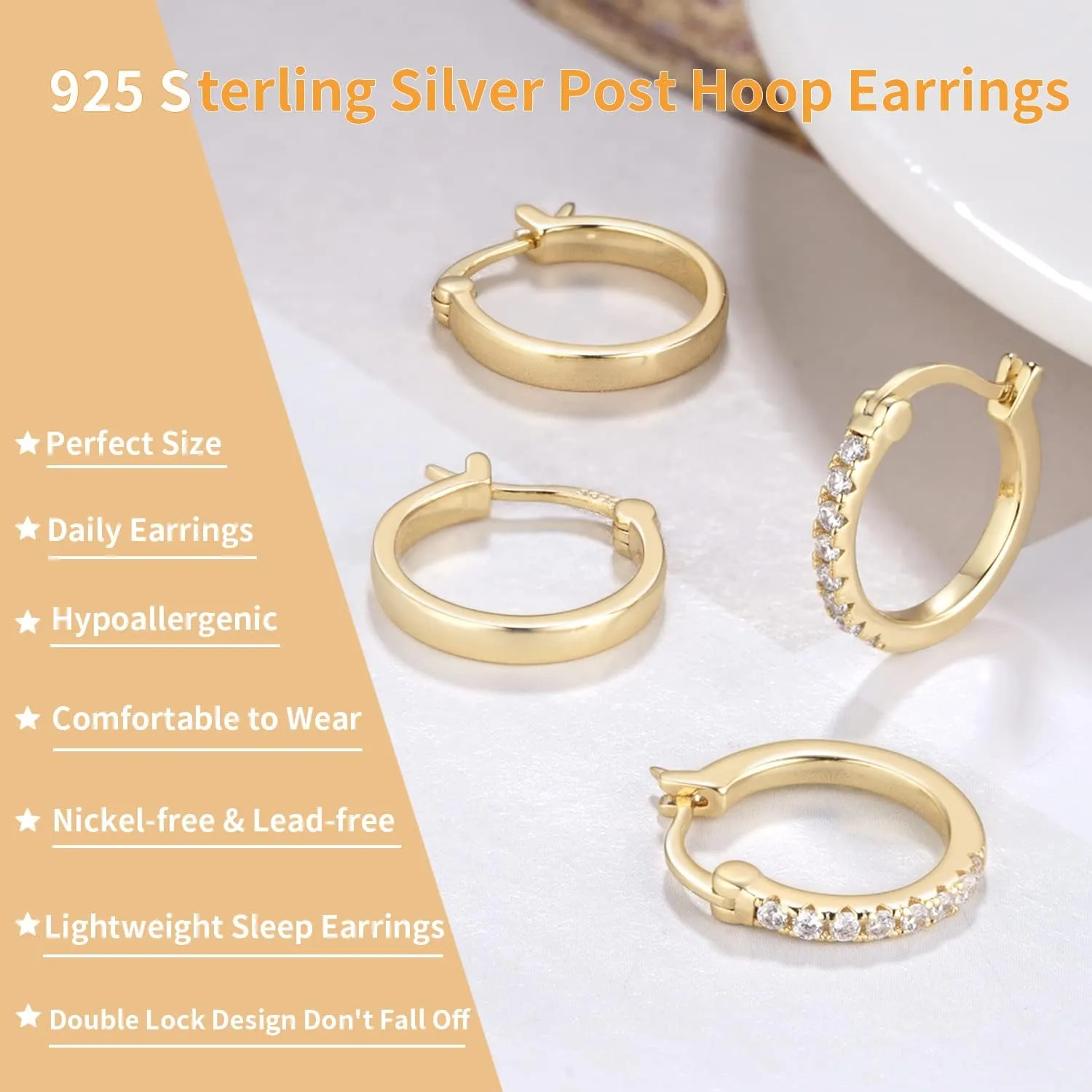 Jewlpire 14K Gold Hoop Earrings with 925 Sterling Silver Post Hypoallergenic Lightweight Small Hoop Earrings for Women 15mm 20mm Huggie Earrings