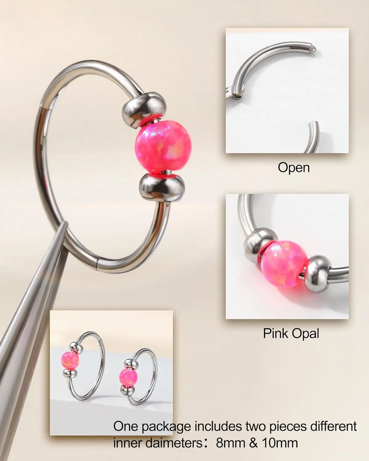 Jewseen 2PCS 316L Surgical Steel Nose Rings Hoop 18g 20g Opal Nose Rings for Women Septum Rings 8mm/10mm Nose Piercing Jewelry Cartilage Earring