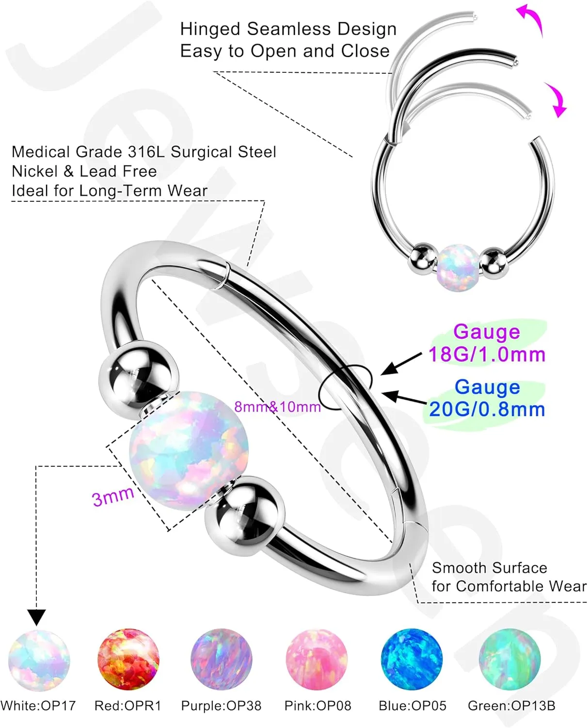 Jewseen 2PCS 316L Surgical Steel Nose Rings Hoop 18g 20g Opal Nose Rings for Women Septum Rings 8mm/10mm Nose Piercing Jewelry Cartilage Earring