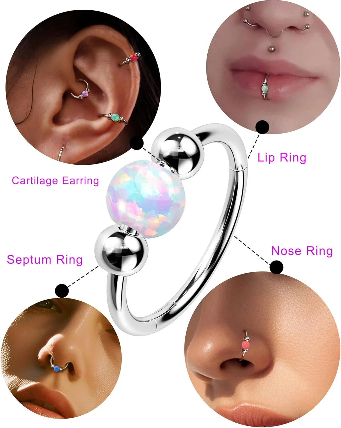Jewseen 2PCS 316L Surgical Steel Nose Rings Hoop 18g 20g Opal Nose Rings for Women Septum Rings 8mm/10mm Nose Piercing Jewelry Cartilage Earring