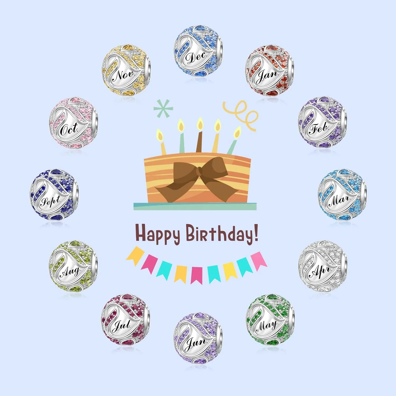 JIAYIQI Birthstone Charms for Bracelet Necklace 925 Sterling Silver Bead Love Heart Charms Happy Birthday Charms for Women