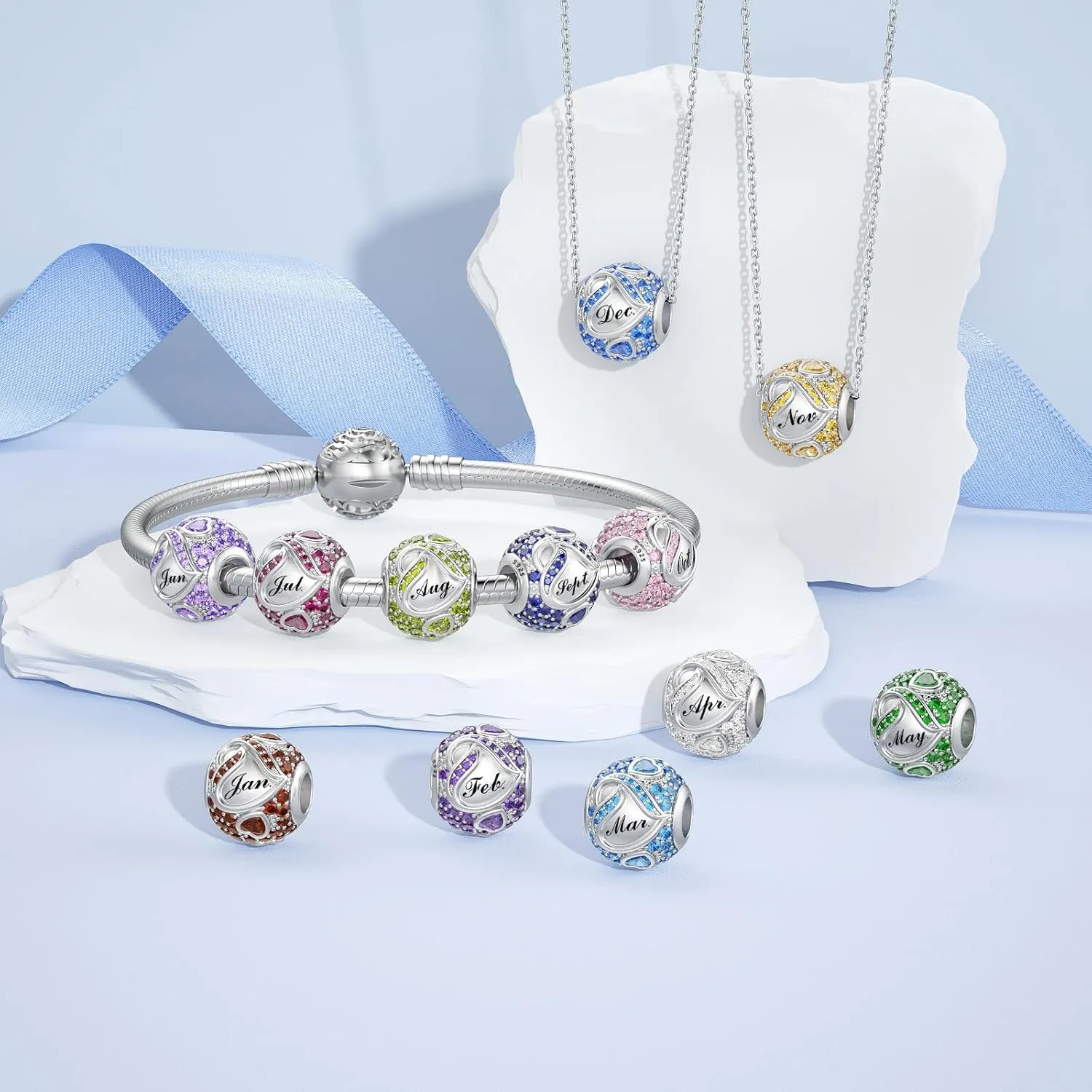 JIAYIQI Birthstone Charms for Bracelet Necklace 925 Sterling Silver Bead Love Heart Charms Happy Birthday Charms for Women