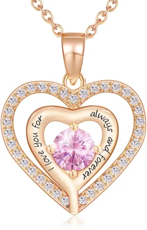 JSJOY Birthstone Necklaces for Women Heart Necklace Engraved I Love You for Always and Forever Gifts for Girlfriend Mother Daughter Necklace for Mom Gifts, 18 Inch   2 Inch