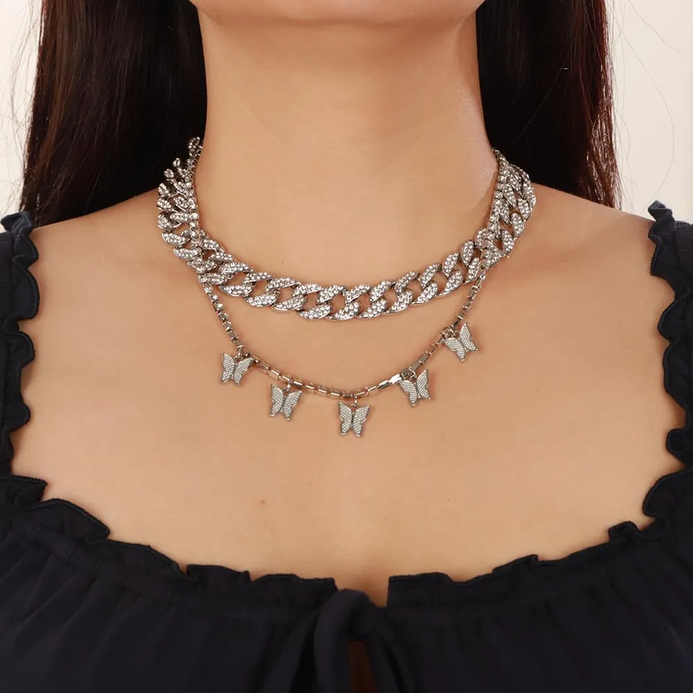 Jumwrit 2pcs Dainty Layered Choker Necklace Shiny Rhinestone Tennis Necklace Punk Cuban Chain Necklace Boho Butterfly Pendant Necklace for Women Girls