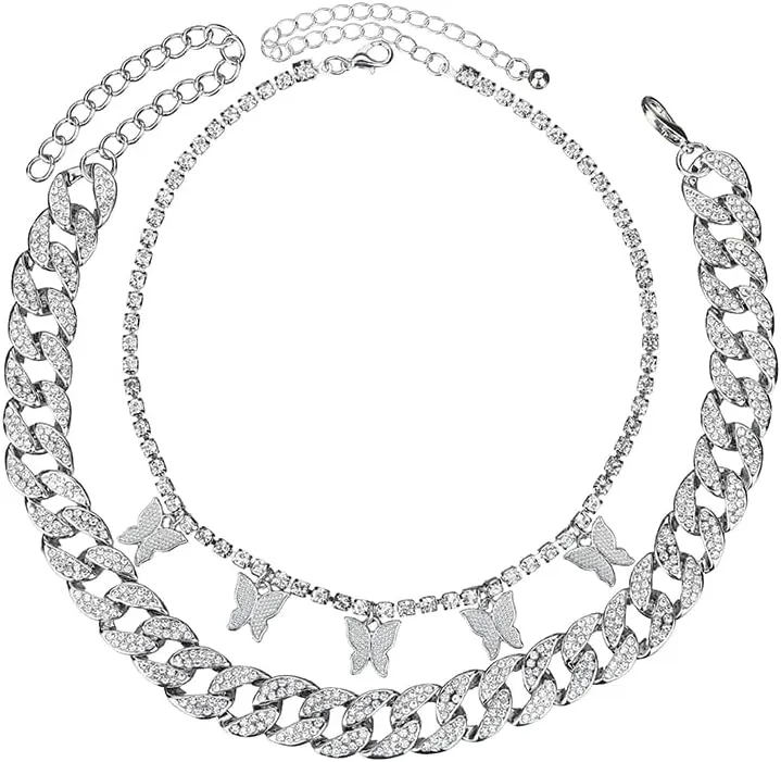 Jumwrit 2pcs Dainty Layered Choker Necklace Shiny Rhinestone Tennis Necklace Punk Cuban Chain Necklace Boho Butterfly Pendant Necklace for Women Girls