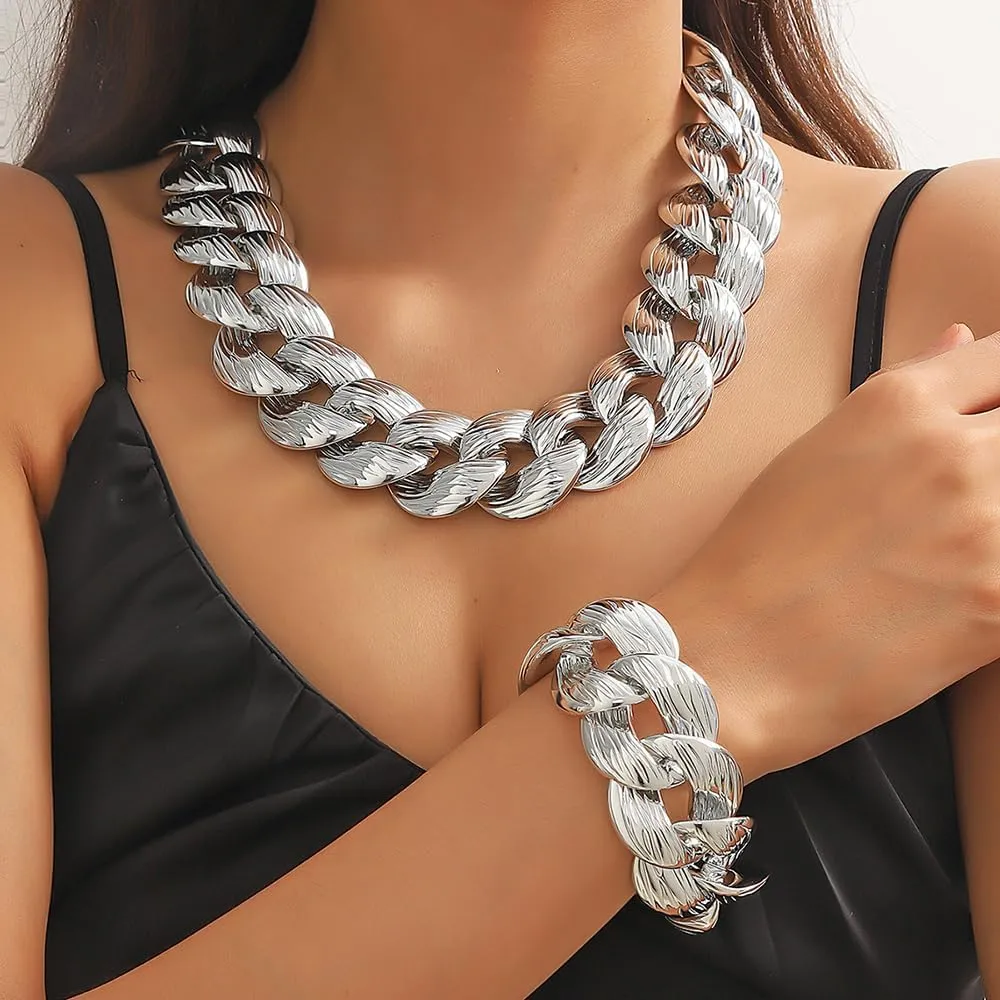 Jumwrit Cuban Link Chain Necklace Bracelet Set for Women Punk Chunky Statement Dainty Thick Chain Choker Necklace Lightweight Shiny Hip Hop Accessories