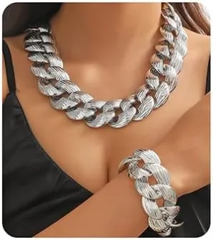 Jumwrit Cuban Link Chain Necklace Bracelet Set for Women Punk Chunky Statement Dainty Thick Chain Choker Necklace Lightweight Shiny Hip Hop Accessories