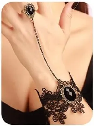 Jumwrit Vintage Black Lace Bracelet Gothic Halloween Flower Bracelet Shiny Rhinestone Hand Chain Dainty Open Finger Ring Bracelet Jewelry for Women (Style 2)
