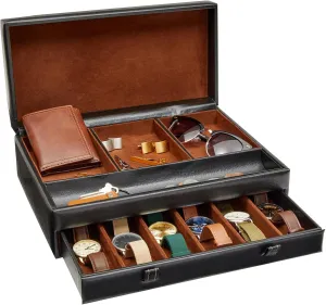 Juvale Faux Leather Men's Jewelry Organizer - Black Watch Box with Leather Valet Tray for Home Improvement - 12.6 x 9 x 4 In