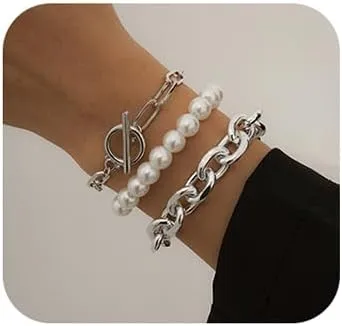 JWICOS Round Imitation Pearl Bangle Bracelet Chunky Chain Paperclip Bracelets with OT Toggle Clasp for Women and Girls Set of 3