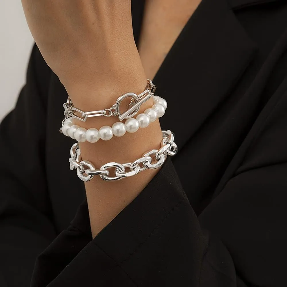 JWICOS Round Imitation Pearl Bangle Bracelet Chunky Chain Paperclip Bracelets with OT Toggle Clasp for Women and Girls Set of 3