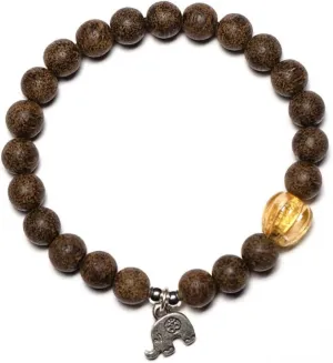 Kalimantan Agarwood Bracelet with S925 Silver Elephant Pendant, Wood Beaded Prayer Bracelet for Meditation Yoga