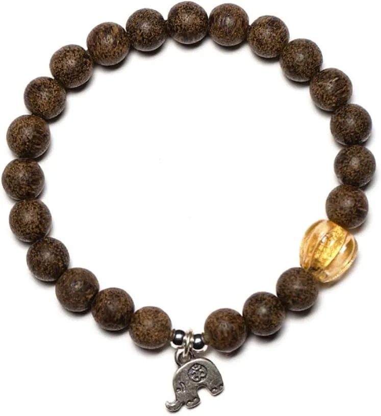 Kalimantan Agarwood Bracelet with S925 Silver Elephant Pendant, Wood Beaded Prayer Bracelet for Meditation Yoga