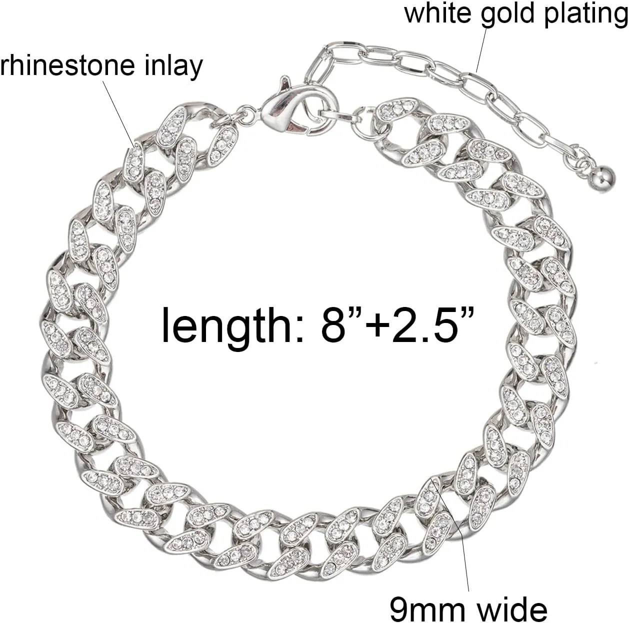 kelistom 18K White Gold Plated Cuban Link Anklet for Women Men Iced Out Rhinestones Filled Chain Ankle Bracelets for Women with Paperclip Extension