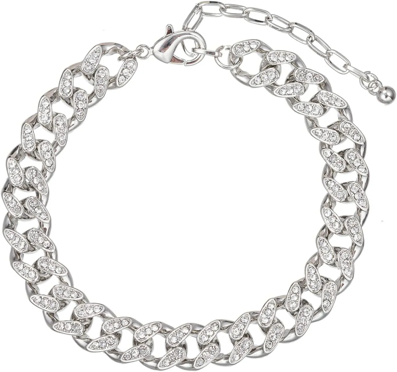 kelistom 18K White Gold Plated Cuban Link Anklet for Women Men Iced Out Rhinestones Filled Chain Ankle Bracelets for Women with Paperclip Extension