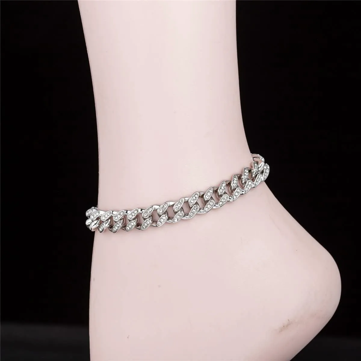 kelistom 18K White Gold Plated Cuban Link Anklet for Women Men Iced Out Rhinestones Filled Chain Ankle Bracelets for Women with Paperclip Extension