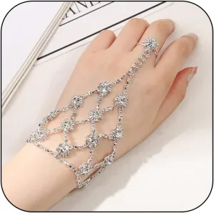 Kenfery Vintage Flower Crystal Slave Bracelet Sparking Eyes Rhinestone Finger Ring Bracelet Chain Shiny Tennis Chain Wristband Bridal Wedding Hand Jewelry for Women (Style 4)