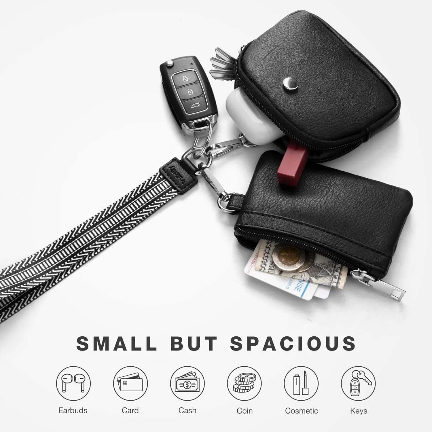 Keychain Wallet for Women, Zip Around Dual Pouch Wristlet, Small Portable Coin Purse with 2 Wristlet Straps