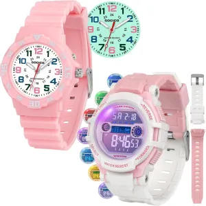 Kids Analog and Digital Watches for Boys Teen Girls, 7 Color Lights Waterproof Sports Watch for Kids with Stopwatch Alarm and Analog Watch with Soft Light,Great Present for Girls Ages 5-18 Teenagers