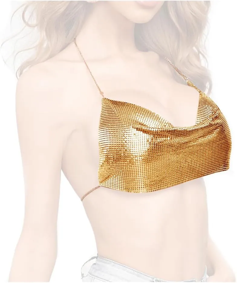 KOSMOS-LI Shiny Women's Sparkle Sequin Halter Tops Sleeveless Backless Neck Chain Body Jewelry (gold)