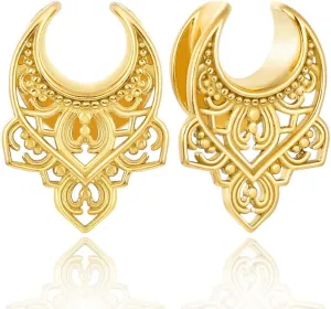 LADEMAYH 2Pcs 1/2 inch Gauges for Ears, Elegant Gold 12mm Gauges for Ears, Retro Floral 1/2 Plugs Tunnels Guages for Women, Surgical Steel Saddle Gauge Earrings