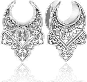 LADEMAYH 2Pcs 1/2 inch Gauges for Ears, Elegant Silver 12mm Gauges for Ears, Retro Floral 1/2 Plugs Tunnels Guages for Women, Surgical Steel Saddle Gauge Earrings