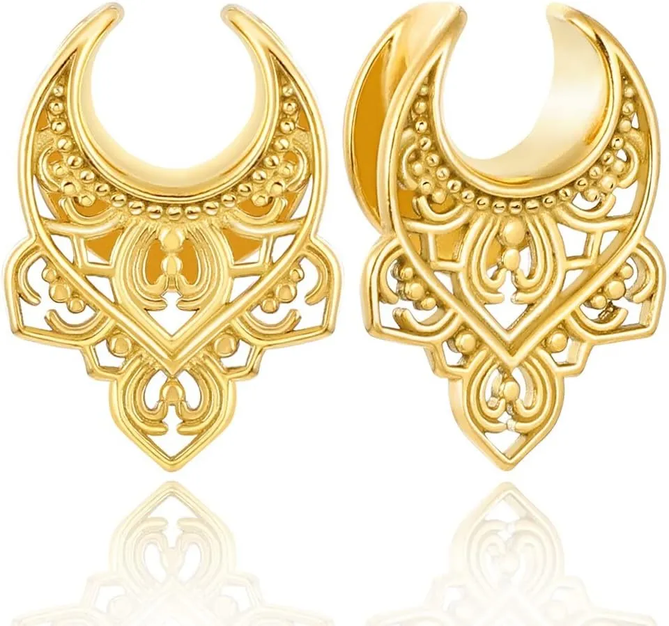 LADEMAYH 2Pcs 5/8 Gauges for Ears, Elegant Gold 16mm Gauges for Women, Retro Floral 5/8 Plugs for Ears, Surgical Steel 5/8 Ear Gauges Saddle Tunnels Earrings