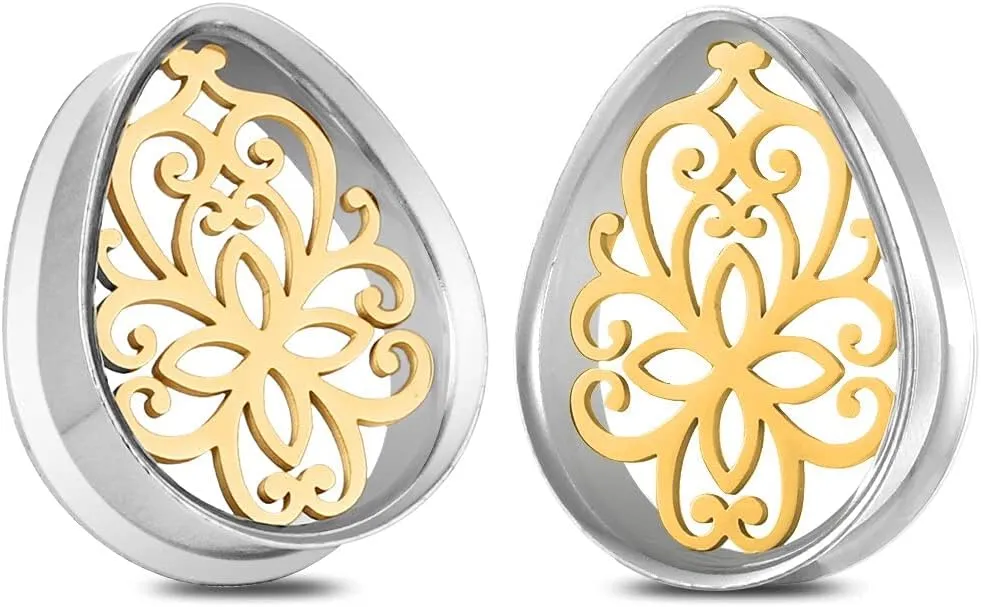 LADEMAYH 2Pcs Teardrop Shaped Ear Plugs Tunnels Gauges for Ears, Elegant Floral Design Ear Gauges Earrings for Women, Hypoallergenic Surgical Stainless Steel Body Piercing Tunnels Jewelry