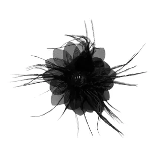 Lady Fascinator Feather Flower Brooch for Women Elegant Shell Pearl Mesh Blossom Hair Clip Wedding Corsage Lapel Pin Bridal Hairband Derby Hat Cocktail Party Costume Accessories (Black)