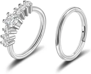 Lantine Surgical Steel Nose Rings Hoop Set Septum Ring Tragus, Daith, Rook, Helix Piercing Jewelry - CZ Open and Hinged 18G/20G Cartilage Hoop Earring