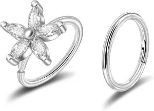 Lantine Surgical Steel Nose Rings Hoop Set Septum Ring Tragus, Daith, Rook, Helix Piercing Jewelry - CZ Open and Hinged 18G/20G Cartilage Hoop Earring