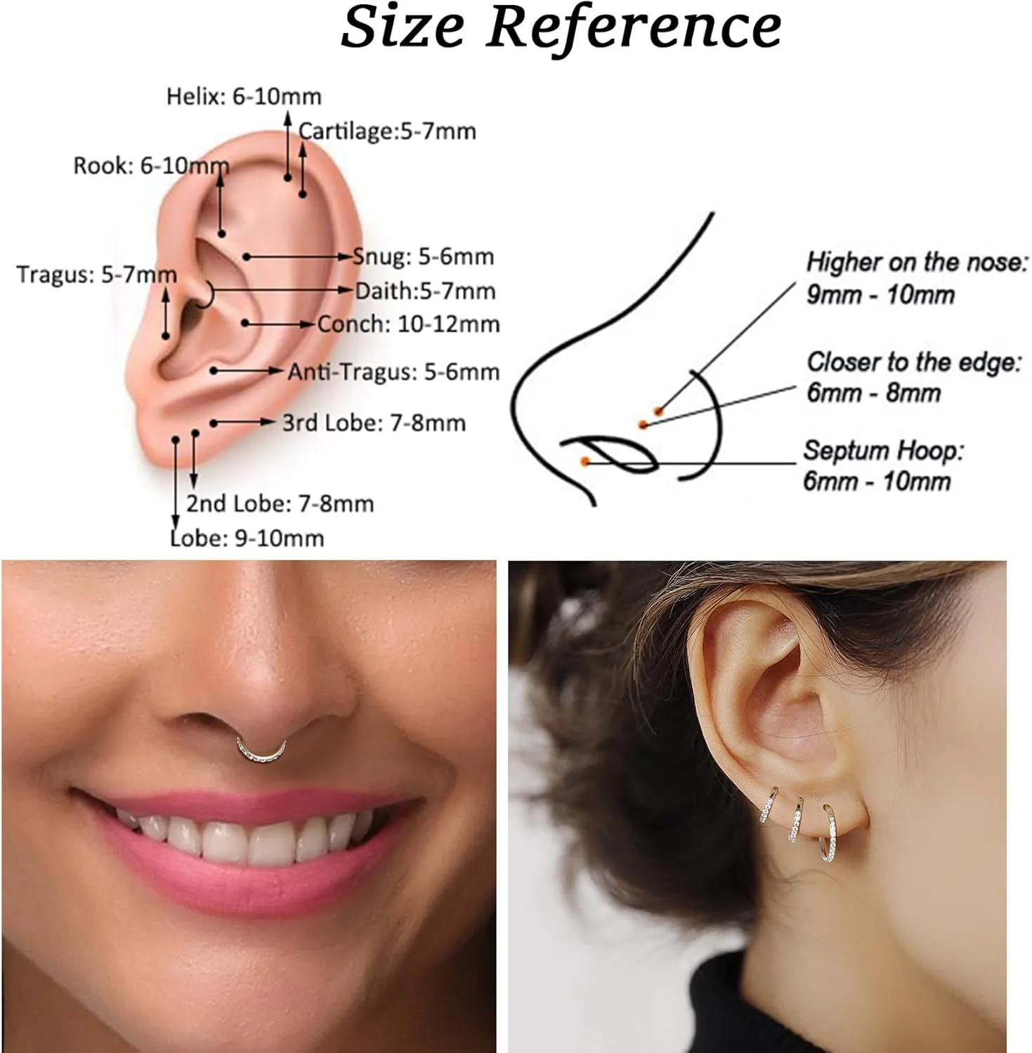 Lantine Surgical Steel Nose Rings Hoop Set Septum Ring Tragus, Daith, Rook, Helix Piercing Jewelry - CZ Open and Hinged 18G/20G Cartilage Hoop Earring