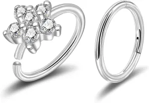 Lantine Surgical Steel Nose Rings Hoop Set Septum Ring Tragus, Daith, Rook, Helix Piercing Jewelry - CZ Open and Hinged 18G/20G Cartilage Hoop Earring