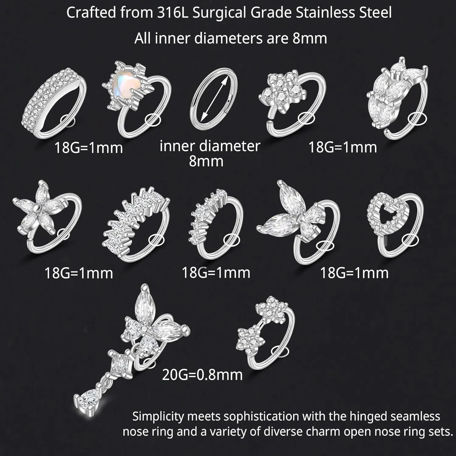 Lantine Surgical Steel Nose Rings Hoop Set Septum Ring Tragus, Daith, Rook, Helix Piercing Jewelry - CZ Open and Hinged 18G/20G Cartilage Hoop Earring