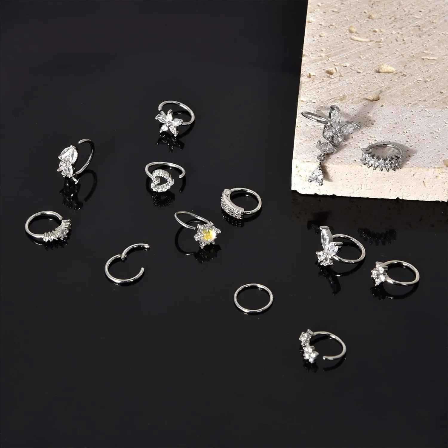 Lantine Surgical Steel Nose Rings Hoop Set Septum Ring Tragus, Daith, Rook, Helix Piercing Jewelry - CZ Open and Hinged 18G/20G Cartilage Hoop Earring