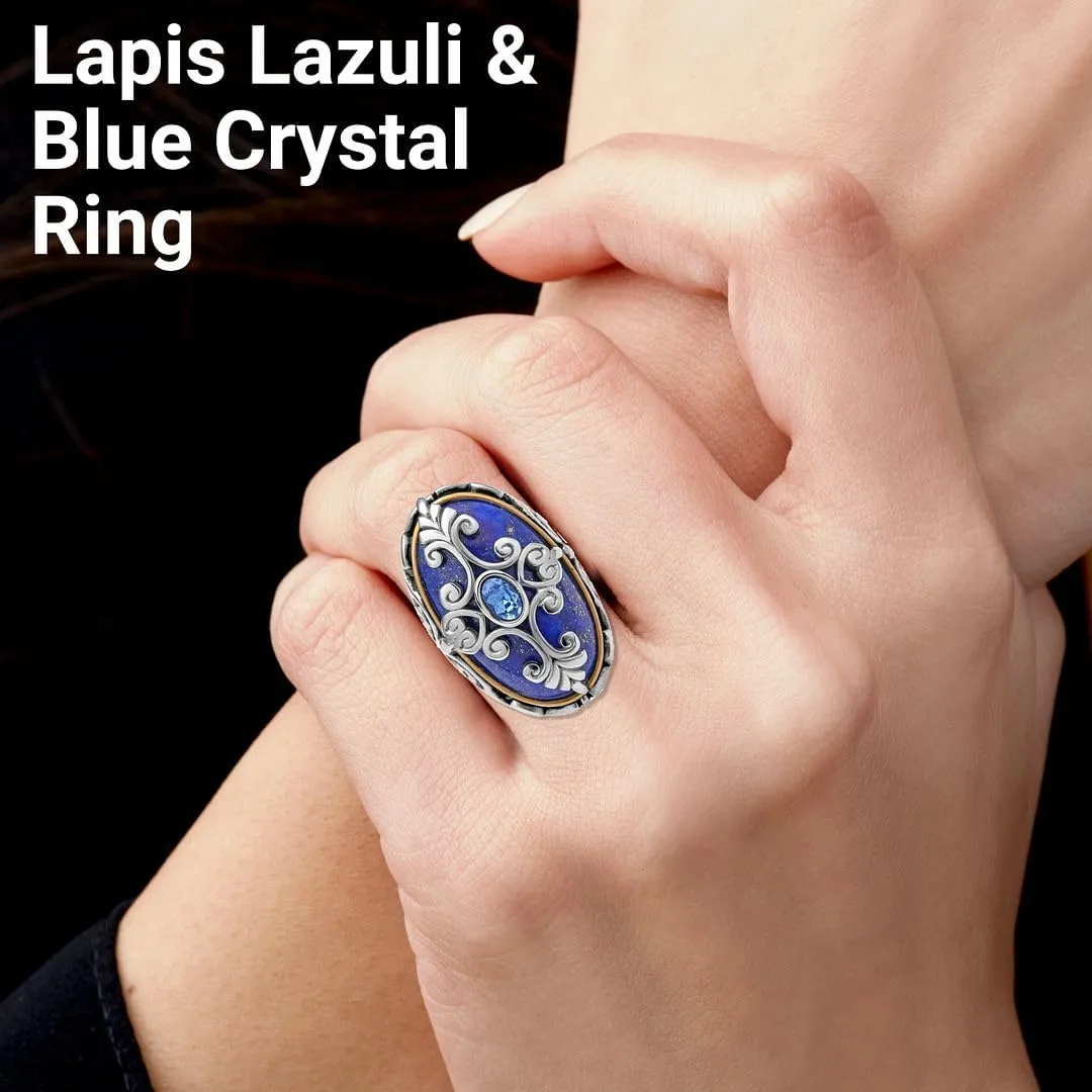 Lapis Lazuli Cocktail Statement Ring for Women ION Plated Yellow Gold Floral Blue Stainless Steel Birthday Gifts for Women