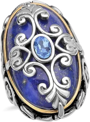 Lapis Lazuli Cocktail Statement Ring for Women ION Plated Yellow Gold Floral Blue Stainless Steel Birthday Gifts for Women