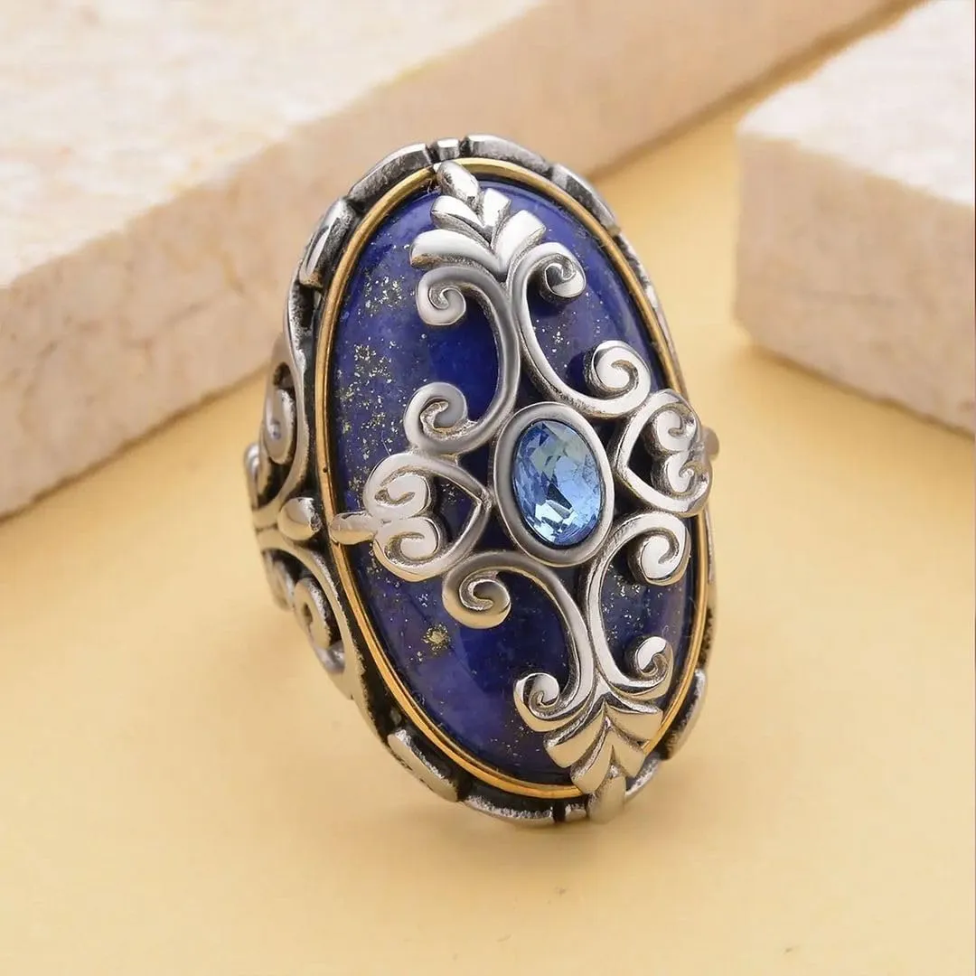 Lapis Lazuli Cocktail Statement Ring for Women ION Plated Yellow Gold Floral Blue Stainless Steel Birthday Gifts for Women