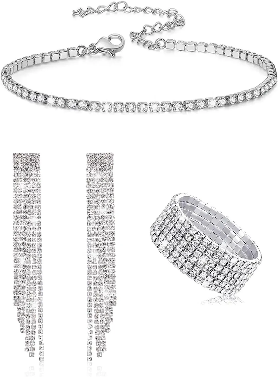 LAPOHI 3 Pieces Rhinestone Jewelry Set for Women Fashion Jewelry Rhinestone choker Bracelet Dangling Earring Bling Glitter for Wedding Bridal Party (Silver)