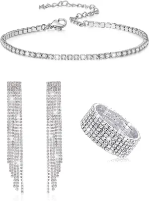 LAPOHI 3 Pieces Rhinestone Jewelry Set for Women Fashion Jewelry Rhinestone choker Bracelet Dangling Earring Bling Glitter for Wedding Bridal Party (Silver)