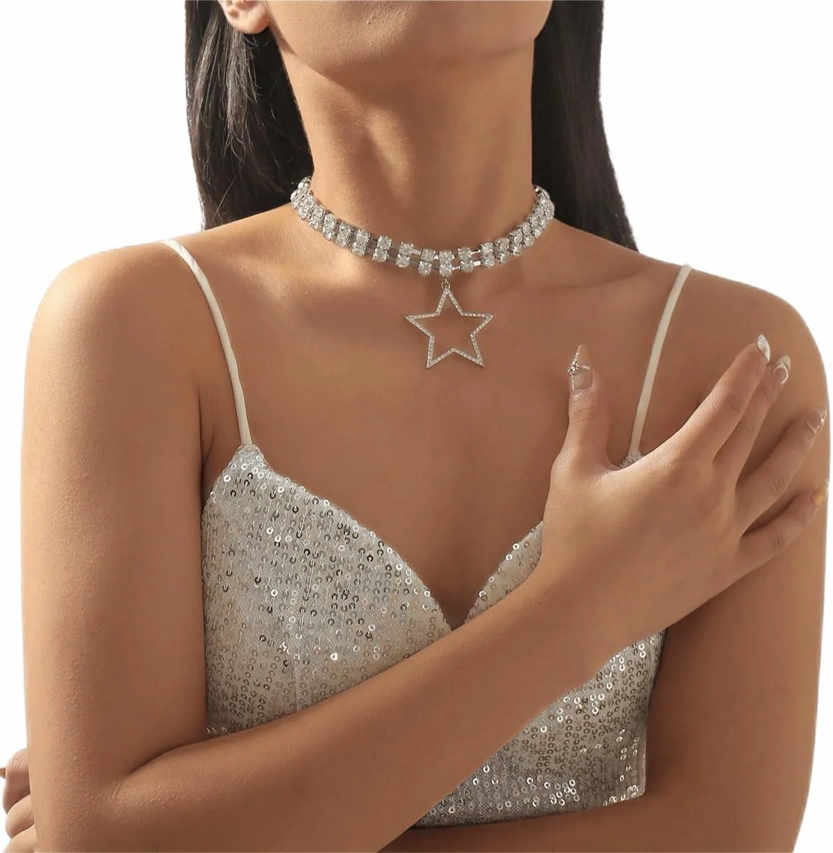 Large Star Necklace Rhinestone Star Pendant Necklace Sliver Star Choker Necklace Fashion Jewelry for Women