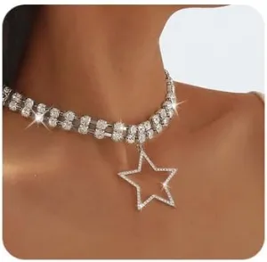 Large Star Necklace Rhinestone Star Pendant Necklace Sliver Star Choker Necklace Fashion Jewelry for Women