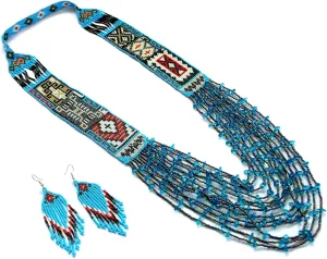 Layered Beaded Necklace  Boho Native Handmade Seed Bead Tassel Necklace, Bohemian Large Statement Beaded Necklace for Women (Turquoise)