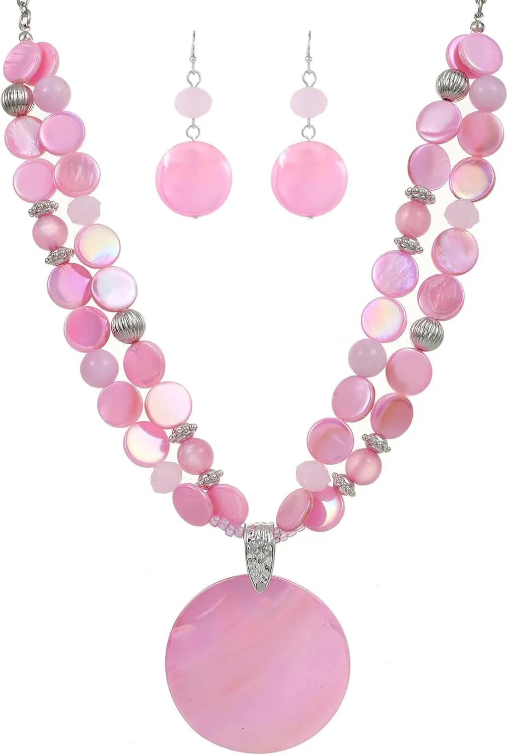 Layered Beads Statement Fashion Necklace Chunky Jewelry Set Big Colorful Glass Stone Circle Shell Pendant Choker Necklace and Earring Set for Women