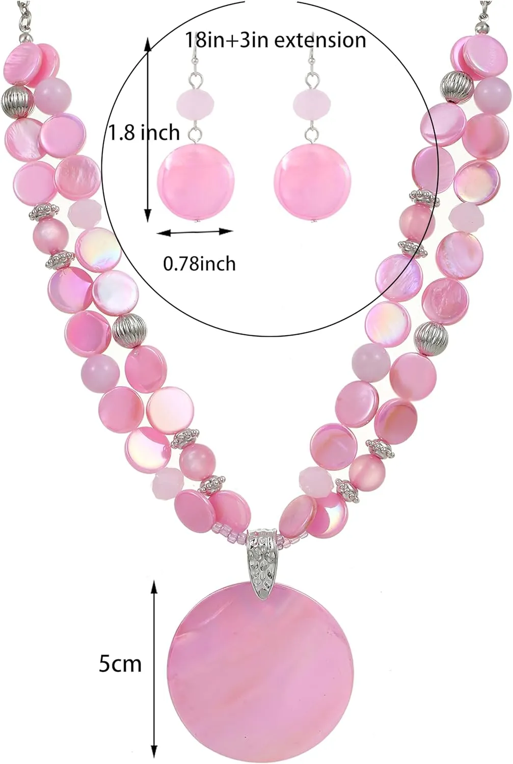 Layered Beads Statement Fashion Necklace Chunky Jewelry Set Big Colorful Glass Stone Circle Shell Pendant Choker Necklace and Earring Set for Women