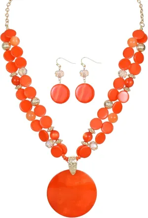 Layered Beads Statement Fashion Necklace Chunky Jewelry Set Big Colorful Glass Stone Circle Shell Pendant Choker Necklace and Earring Set for Women