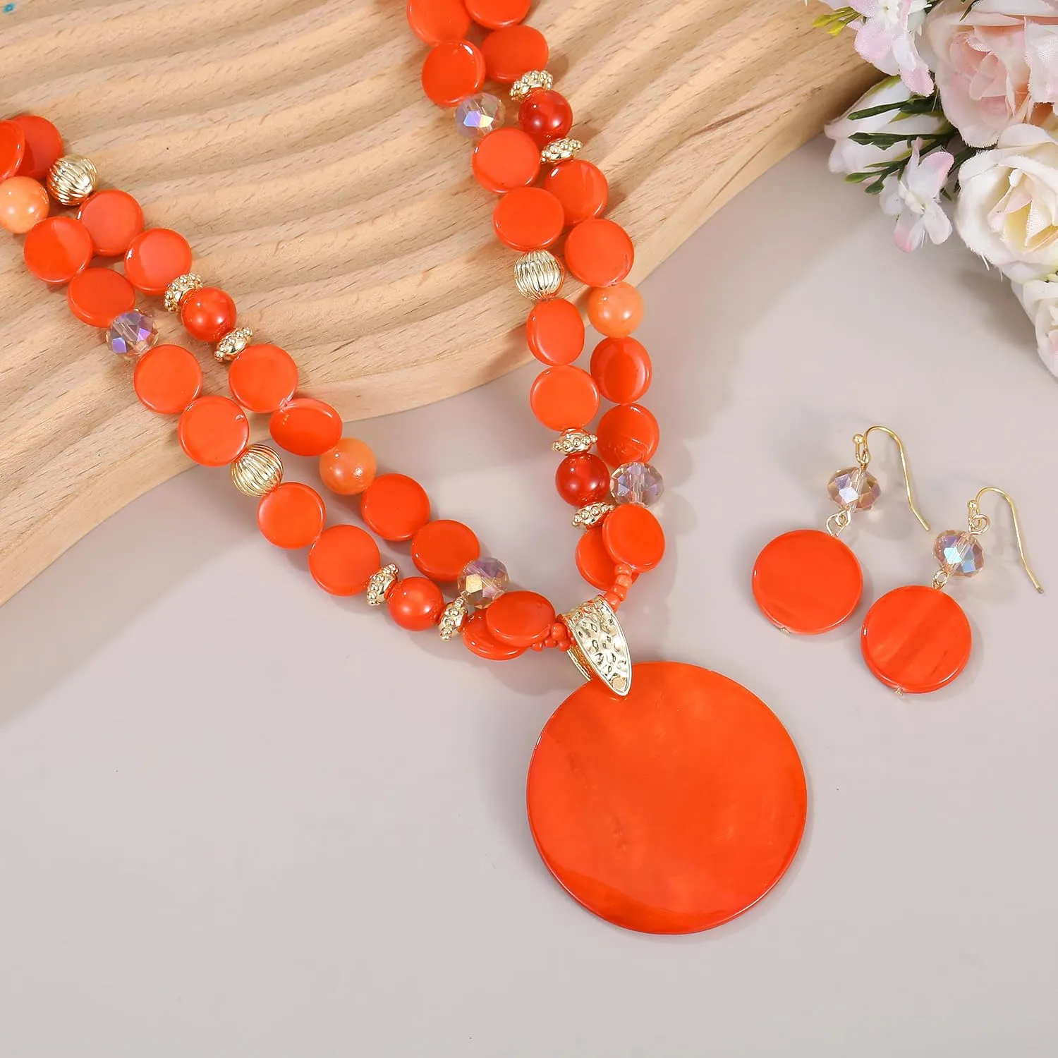 Layered Beads Statement Fashion Necklace Chunky Jewelry Set Big Colorful Glass Stone Circle Shell Pendant Choker Necklace and Earring Set for Women