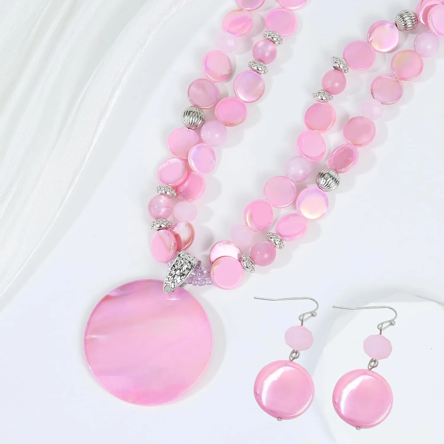 Layered Beads Statement Fashion Necklace Chunky Jewelry Set Big Colorful Glass Stone Circle Shell Pendant Choker Necklace and Earring Set for Women
