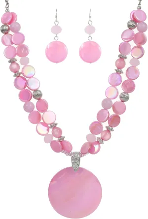 Layered Beads Statement Fashion Necklace Chunky Jewelry Set Big Colorful Glass Stone Circle Shell Pendant Choker Necklace and Earring Set for Women